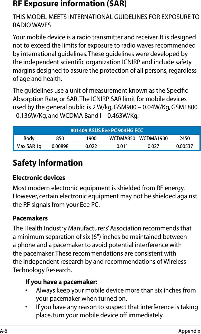 A-6AppendixRF Exposure information (SAR)THIS MODEL MEETS INTERNATIONAL GUIDELINES FOR EXPOSURE TO RADIO WAVESYour mobile device is a radio transmitter and receiver. It is designed not to exceed the limits for exposure to radio waves recommended by international guidelines. These guidelines were developed by the independent scientiﬁc organization ICNIRP and include safety margins designed to assure the protection of all persons, regardless of age and health.The guidelines use a unit of measurement known as the Speciﬁc Absorption Rate, or SAR. The ICNIRP SAR limit for mobile devices used by the general public is 2 W/kg, GSM900 – 0.04W/Kg, GSM1800 –0.136W/Kg, and WCDMA Band I – 0.463W/Kg.801409 ASUS Eee PC 904HG FCCBody 850 1900 WCDMA850 WCDMA1900 2450Max SAR 1g 0.00898 0.022 0.011 0.027 0.00537Safety informationElectronic devicesMost modern electronic equipment is shielded from RF energy. However, certain electronic equipment may not be shielded against the RF signals from your Eee PC.PacemakersThe Health Industry Manufacturers’ Association recommends that a minimum separation of six (6”) inches be maintained between a phone and a pacemaker to avoid potential interference with the pacemaker. These recommendations are consistent with the independent research by and recommendations of Wireless Technology Research.If you have a pacemaker:•  Always keep your mobile device more than six inches from your pacemaker when turned on.•  If you have any reason to suspect that interference is taking place, turn your mobile device off immediately.