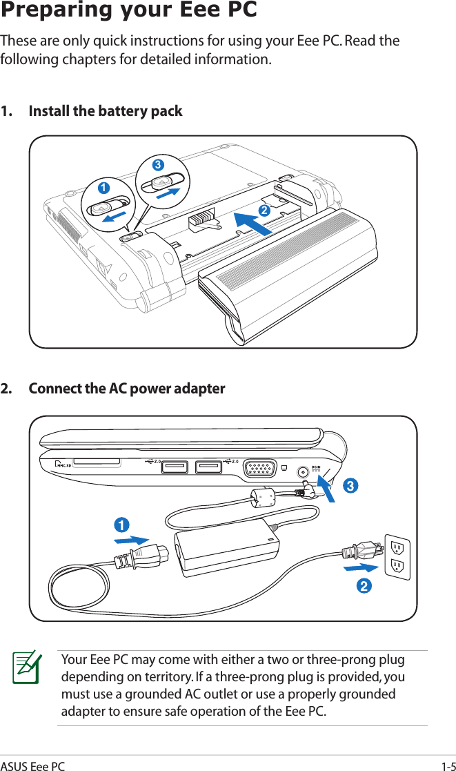 ASUS Eee PC1-5Preparing your Eee PCThese are only quick instructions for using your Eee PC. Read the following chapters for detailed information.1.  Install the battery pack2.  Connect the AC power adapterYour Eee PC may come with either a two or three-prong plug depending on territory. If a three-prong plug is provided, you must use a grounded AC outlet or use a properly grounded adapter to ensure safe operation of the Eee PC.132123