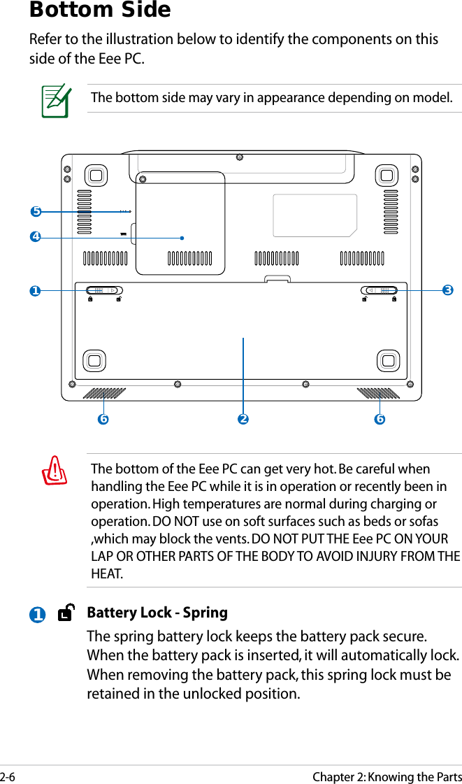 2-6Chapter 2: Knowing the PartsBottom SideRefer to the illustration below to identify the components on this side of the Eee PC.The bottom side may vary in appearance depending on model.The bottom of the Eee PC can get very hot. Be careful when handling the Eee PC while it is in operation or recently been in operation. High temperatures are normal during charging or operation. DO NOT use on soft surfaces such as beds or sofas ,which may block the vents. DO NOT PUT THE Eee PC ON YOUR LAP OR OTHER PARTS OF THE BODY TO AVOID INJURY FROM THE HEAT. 213456 6Battery Lock - SpringThe spring battery lock keeps the battery pack secure. When the battery pack is inserted, it will automatically lock. When removing the battery pack, this spring lock must be retained in the unlocked position.1