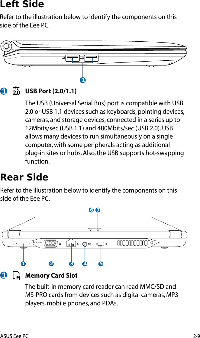 ASUS Eee PC2-91Left SideRefer to the illustration below to identify the components on this side of the Eee PC.2.0USB Port (2.0/1.1)The USB (Universal Serial Bus) port is compatible with USB 2.0 or USB 1.1 devices such as keyboards, pointing devices, cameras, and storage devices, connected in a series up to 12Mbits/sec (USB 1.1) and 480Mbits/sec (USB 2.0). USB allows many devices to run simultaneously on a single computer, with some peripherals acting as additional plug-in sites or hubs. Also, the USB supports hot-swapping function.1Rear SideRefer to the illustration below to identify the components on this side of the Eee PC.21 3 4 56 7Memory Card SlotThe built-in memory card reader can read MMC/SD and MS-PRO cards from devices such as digital cameras, MP3 players, mobile phones, and PDAs. 1