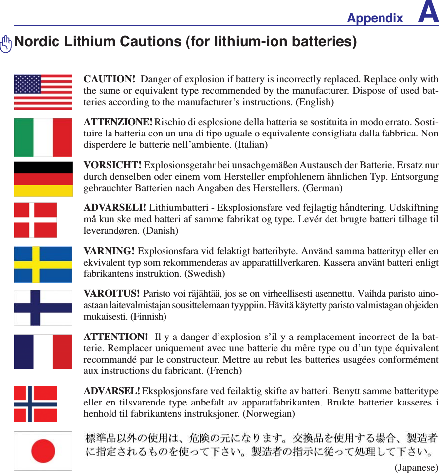 Appendix ANordic Lithium Cautions (for lithium-ion batteries)(Japanese)CAUTION!  &apos;DQJHURIH[SORVLRQLIEDWWHU\LVLQFRUUHFWO\UHSODFHG5HSODFHRQO\ZLWKWKHVDPHRUHTXLYDOHQWW\SHUHFRPPHQGHGE\WKHPDQXIDFWXUHU&apos;LVSRVHRIXVHGEDW-teries according to the manufacturer’s instructions. (English) ATTENZIONE! Rischio di esplosione della batteria se sostituita in modo errato. Sosti-tuire la batteria con un una di tipo uguale o equivalente consigliata dalla fabbrica. Non disperdere le batterie nell’ambiente. (Italian) VORSICHT! Explosionsgetahr bei unsachgemäßen Austausch der Batterie. Ersatz nur durch denselben oder einem vom Hersteller empfohlenem ähnlichen Typ. Entsorgung gebrauchter Batterien nach Angaben des Herstellers. (German)ADVARSELI! Lithiumbatteri - Eksplosionsfare ved fejlagtig håndtering. Udskiftning må kun ske med batteri af samme fabrikat og type. Levér det brugte batteri tilbage til OHYHUDQG¡UHQ&apos;DQLVKVARNING! Explosionsfara vid felaktigt batteribyte. Använd samma batterityp eller en ekvivalent typ som rekommenderas av apparattillverkaren. Kassera använt batteri enligt fabrikantens instruktion. (Swedish) VAROITUS! Paristo voi räjähtää, jos se on virheellisesti asennettu. Vaihda paristo aino-astaan laitevalmistajan sousittelemaan tyyppiin. Hävitä käytetty paristo valmistagan ohjeiden mukaisesti. (Finnish) ATTENTION!  Il y a danger d’explosion s’il y a remplacement incorrect de la bat-terie. Remplacer uniquement avec une batterie du mêre type ou d’un type équivalent recommandé par le constructeur. Mettre au rebut les batteries usagées conformément aux instructions du fabricant. (French) ADVARSEL! Eksplosjonsfare ved feilaktig skifte av batteri. Benytt samme batteritype eller en tilsvarende type anbefalt av apparatfabrikanten. Brukte batterier kasseres i henhold til fabrikantens instruksjoner. (Norwegian) 