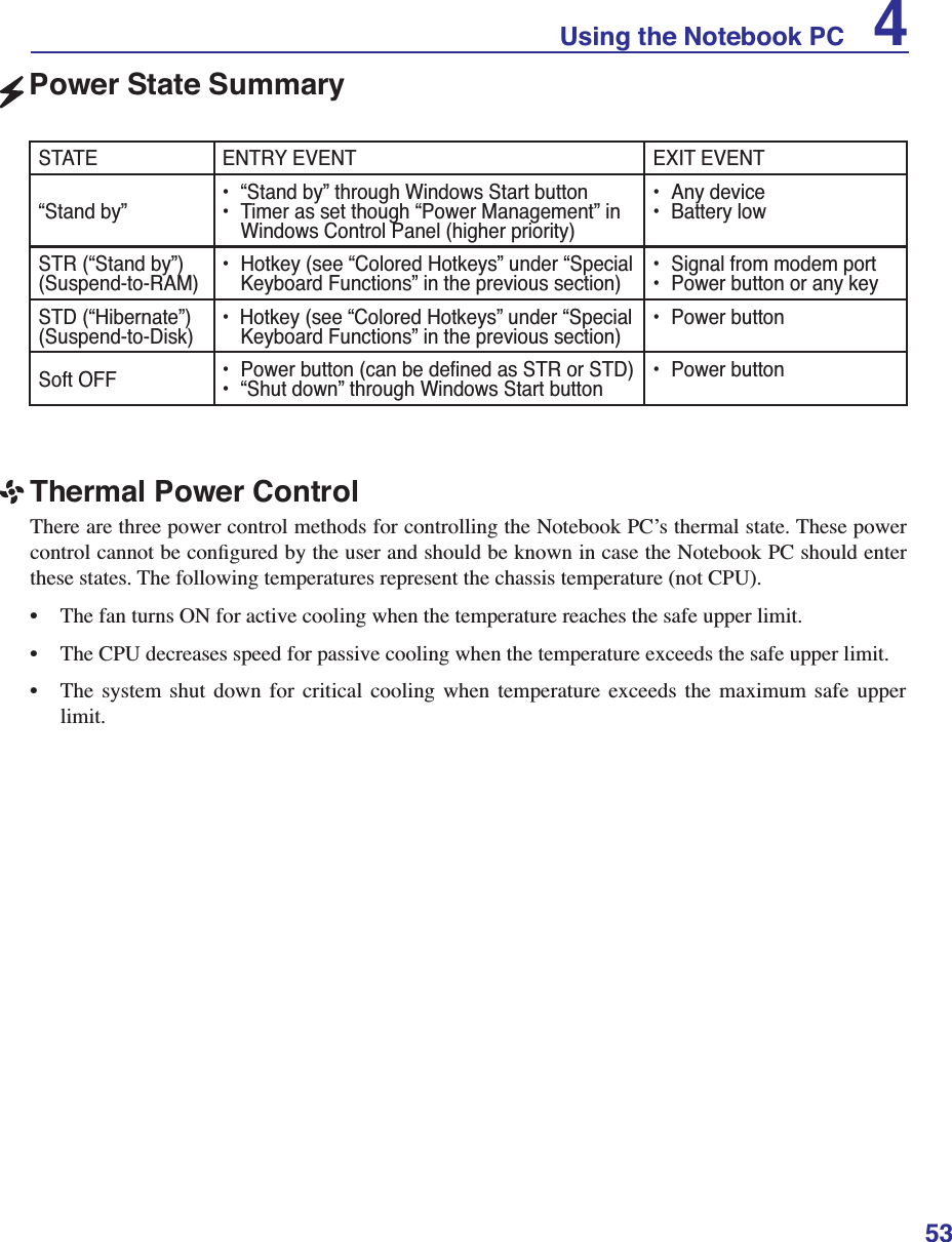 53Using the Notebook PC 4Thermal Power ControlThere are three power control methods for controlling the Notebook PC’s thermal state. These power FRQWUROFDQQRWEHFRQÀJXUHGE\WKHXVHUDQGVKRXOGEHNQRZQLQFDVHWKH1RWHERRN3&amp;VKRXOGHQWHUthese states. The following temperatures represent the chassis temperature (not CPU).• The fan turns ON for active cooling when the temperature reaches the safe upper limit.• The CPU decreases speed for passive cooling when the temperature exceeds the safe upper limit.• The system shut down for critical cooling when temperature exceeds the maximum safe upper limit.Power State SummarySTATE ENTRY EVENT EXIT EVENT“Stand by” • “Stand by” through Windows Start button• Timer as set though “Power Management” in Windows Control Panel (higher priority)• Any device• Battery lowSTR (“Stand by”)(Suspend-to-RAM) • Hotkey (see “Colored Hotkeys” under “Special Keyboard Functions” in the previous section) • Signal from modem port• Power button or any keySTD (“Hibernate”)(Suspend-to-Disk) •  Hotkey (see “Colored Hotkeys” under “Special Keyboard Functions” in the previous section) • Power buttonSoft OFF 3RZHUEXWWRQFDQEHGHÀQHGDV675RU67&apos;• “Shut down” through Windows Start button • Power button