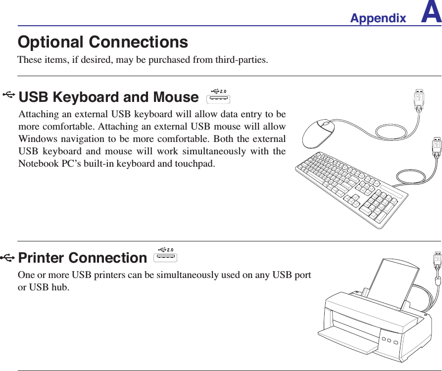 Appendix AOptional ConnectionsThese items, if desired, may be purchased from third-parties.USB Keyboard and MouseAttaching an external USB keyboard will allow data entry to be more comfortable. Attaching an external USB mouse will allow Windows navigation to be more comfortable. Both the external USB keyboard and mouse will work simultaneously with the Notebook PC’s built-in keyboard and touchpad.Printer ConnectionOne or more USB printers can be simultaneously used on any USB port or USB hub.