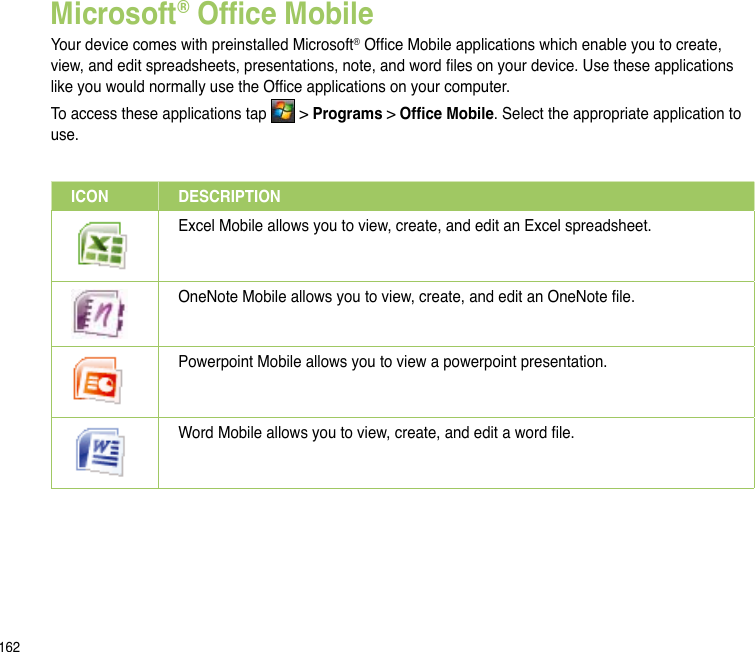 162Microsoft® Ofce MobileYour device comes with preinstalled Microsoft® Ofce Mobile applications which enable you to create, view, and edit spreadsheets, presentations, note, and word les on your device. Use these applications like you would normally use the Ofce applications on your computer.To access these applications tap   &gt; Programs &gt; Ofce Mobile. Select the appropriate application to use.ICON DESCRIPTIONExcel Mobile allows you to view, create, and edit an Excel spreadsheet.OneNote Mobile allows you to view, create, and edit an OneNote le.Powerpoint Mobile allows you to view a powerpoint presentation.Word Mobile allows you to view, create, and edit a word le.