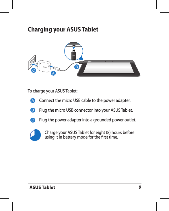 ASUS Tablet9Charging your ASUS TabletTo charge your ASUS Tablet:Connect the micro USB cable to the power adapter.Plug the micro USB connector into your ASUS Tablet.Plug the power adapter into a grounded power outlet.Charge your ASUS Tablet for eight (8) hours before using it in battery mode for the rst time.