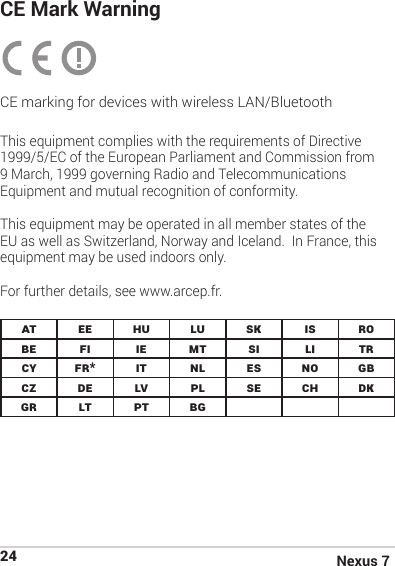 Nexus 724CE Mark WarningCE marking for devices with wireless LAN/BluetoothThis equipment complies with the requirements of Directive 1999/5/EC of the European Parliament and Commission from 9 March, 1999 governing Radio and Telecommunications Equipment and mutual recognition of conformity.This equipment may be operated in all member states of the EU as well as Switzerland, Norway and Iceland.  In France, this equipment may be used indoors only.For further details, see www.arcep.fr. at ee hu lu sk is robe fi ie mt si li trcy fr* it nl es no gbcz de lv pl    se ch dkgr lt pt bg