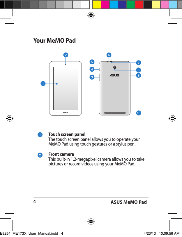 ASUS MeMO Pad4Your MeMO PadTouch screen panelThe touch screen panel allows you to operate your MeMO Pad using touch gestures or a stylus pen.Front cameraThis built-in 1.2-megapixel camera allows you to take pictures or record videos using your MeMO Pad.E8254_ME173X_User_Manual.indd   4 4/23/13   10:09:56 AM