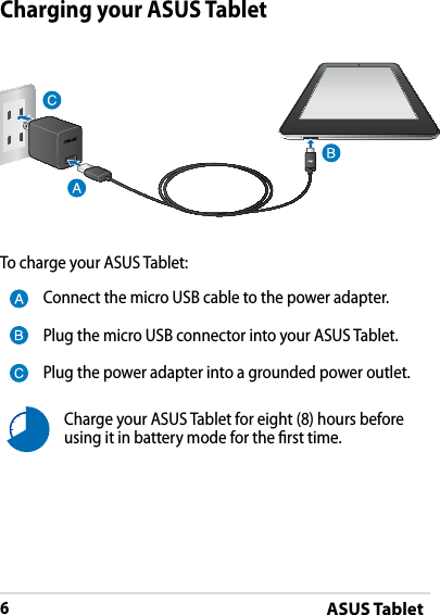 ASUS Tablet6DRAFT v2DRAFT v2DRAFT v2Charging your ASUS TabletTo charge your ASUS Tablet:Connect the micro USB cable to the power adapter.Plug the micro USB connector into your ASUS Tablet.Plug the power adapter into a grounded power outlet.Charge your ASUS Tablet for eight (8) hours before using it in battery mode for the rst time.