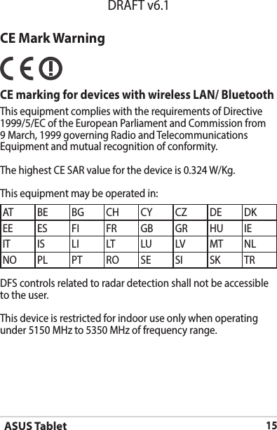 ASUS Tablet15DRAFT v6.1CE Mark Warning  CE marking for devices with wireless LAN/ BluetoothThis equipment complies with the requirements of Directive 1999/5/EC of the European Parliament and Commission from 9 March, 1999 governing Radio and Telecommunications Equipment and mutual recognition of conformity.The highest CE SAR value for the device is 0.324 W/Kg.This equipment may be operated in:AT BE BG CH CY CZ DE DKEE ES FI FR GB GR HU IEIT IS LI LT LU LV MT NLNO PL PT RO SE SI SK TRDFS controls related to radar detection shall not be accessible to the user.This device is restricted for indoor use only when operating under 5150 MHz to 5350 MHz of frequency range.