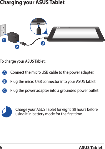 ASUS Tablet6Charging your ASUS TabletTo charge your ASUS Tablet:Charge your ASUS Tablet for eight (8) hours before using it in battery mode for the rst time.Connect the micro USB cable to the power adapter.Plug the micro USB connector into your ASUS Tablet.Plug the power adapter into a grounded power outlet.