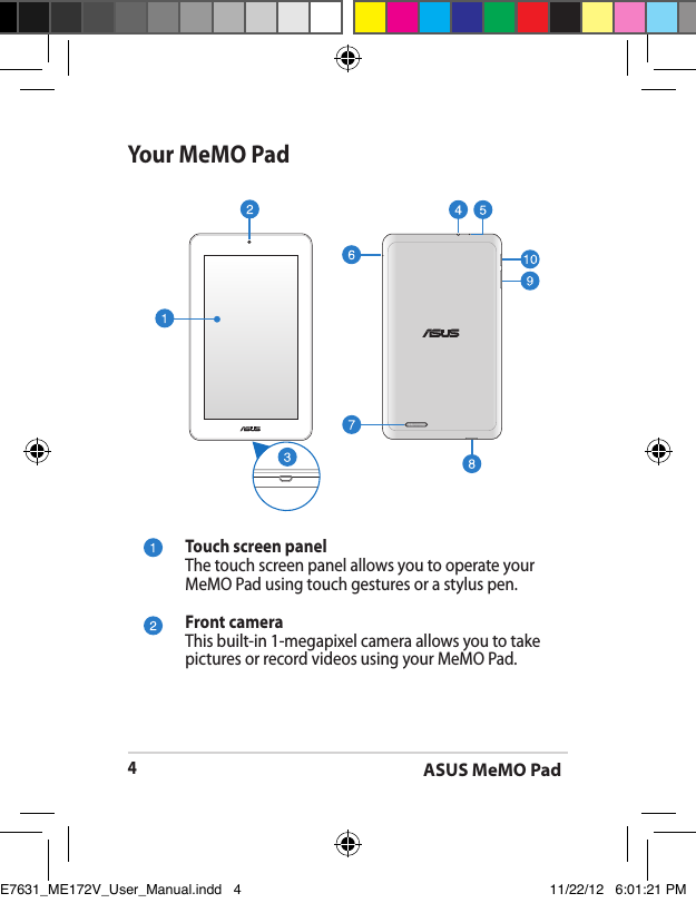 ASUS MeMO Pad4Your MeMO PadTouch screen panelThe touch screen panel allows you to operate your MeMO Pad using touch gestures or a stylus pen.Front cameraThis built-in 1-megapixel camera allows you to take pictures or record videos using your MeMO Pad.E7631_ME172V_User_Manual.indd   4 11/22/12   6:01:21 PM