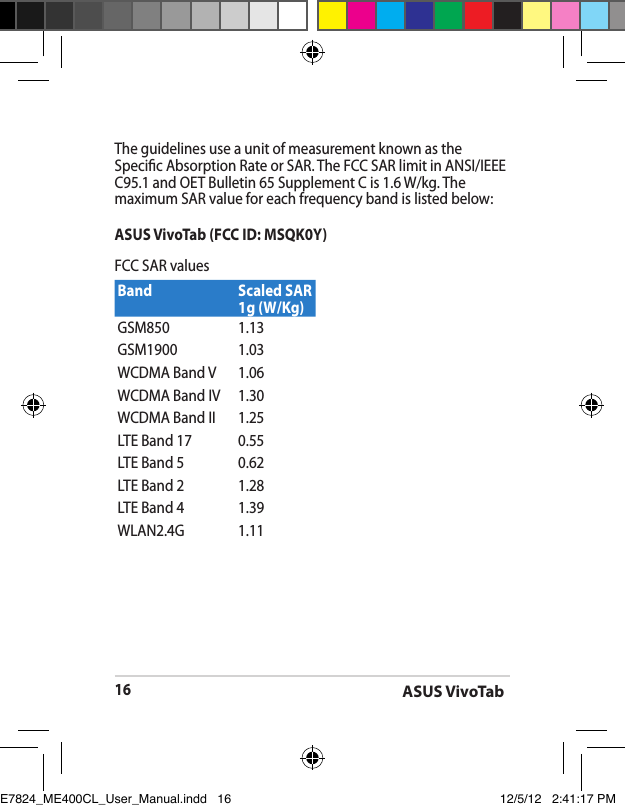 ASUS VivoTab16The guidelines use a unit of measurement known as the Specic Absorption Rate or SAR. The FCC SAR limit in ANSI/IEEE C95.1 and OET Bulletin 65 Supplement C is 1.6 W/kg. The maximum SAR value for each frequency band is listed below:ASUS VivoTab (FCC ID: MSQK0Y)FCC SAR valuesBand Scaled SAR 1g (W/Kg)GSM850 1.13GSM1900 1.03WCDMA Band V 1.06WCDMA Band IV 1.30WCDMA Band II 1.25LTE Band 17 0.55LTE Band 5 0.62LTE Band 2 1.28LTE Band 4 1.39WLAN2.4G 1.11E7824_ME400CL_User_Manual.indd   16 12/5/12   2:41:17 PM