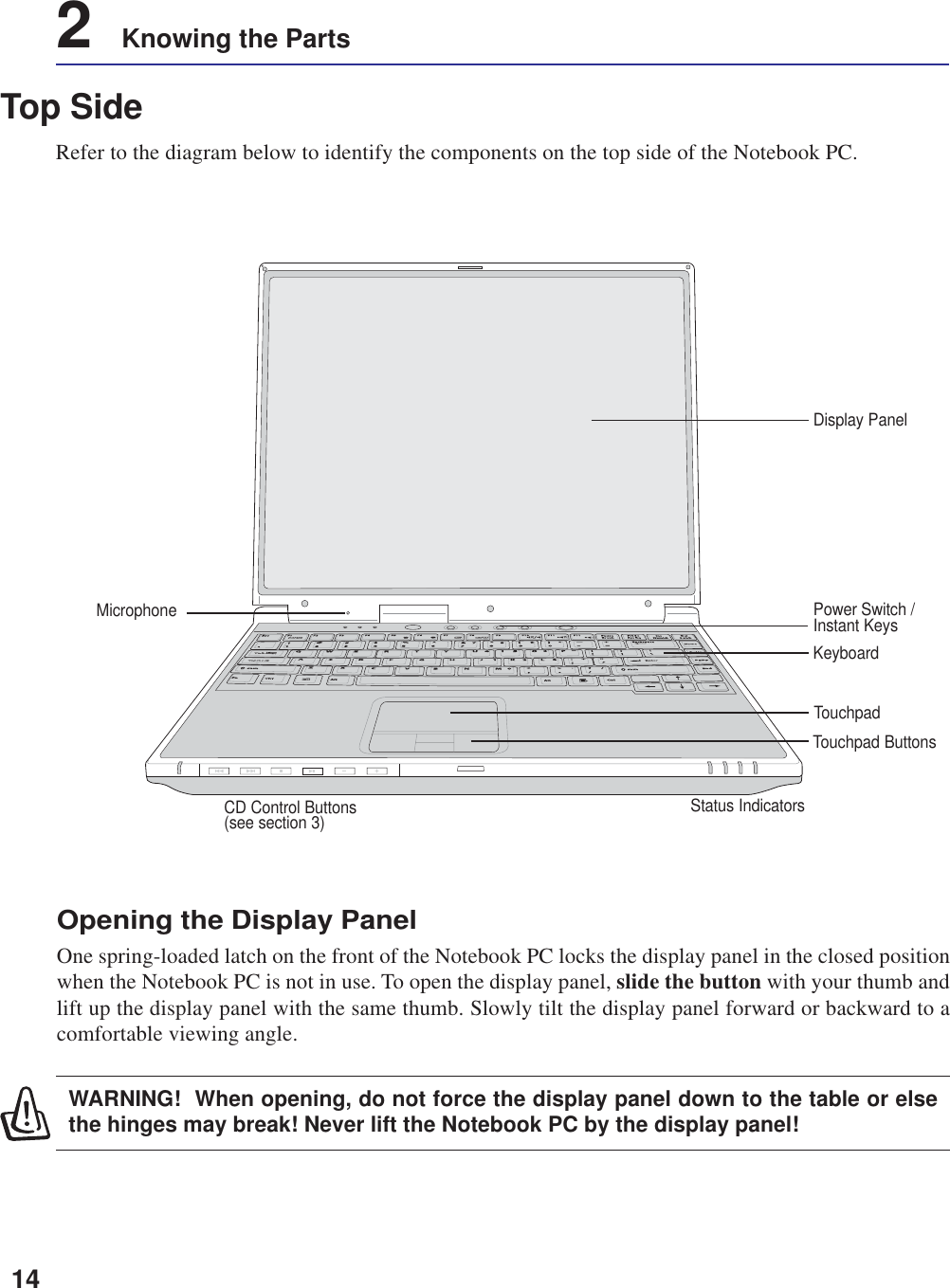 142    Knowing the PartsTop SideRefer to the diagram below to identify the components on the top side of the Notebook PC.Display PanelTouchpad ButtonsKeyboardTouchpadPower Switch /Instant KeysStatus IndicatorsMicrophoneCD Control Buttons(see section 3)Opening the Display PanelOne spring-loaded latch on the front of the Notebook PC locks the display panel in the closed positionwhen the Notebook PC is not in use. To open the display panel, slide the button with your thumb andlift up the display panel with the same thumb. Slowly tilt the display panel forward or backward to acomfortable viewing angle.WARNING!  When opening, do not force the display panel down to the table or elsethe hinges may break! Never lift the Notebook PC by the display panel!