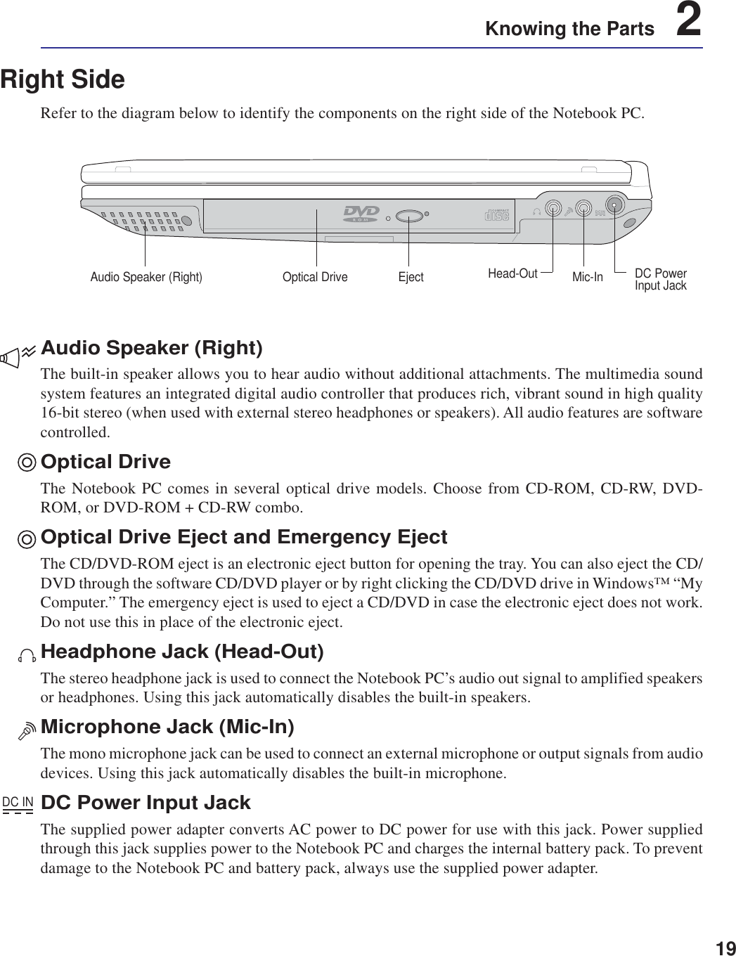 19Knowing the Parts    2Right SideRefer to the diagram below to identify the components on the right side of the Notebook PC.Audio Speaker (Right)The built-in speaker allows you to hear audio without additional attachments. The multimedia soundsystem features an integrated digital audio controller that produces rich, vibrant sound in high quality16-bit stereo (when used with external stereo headphones or speakers). All audio features are softwarecontrolled.Optical DriveThe Notebook PC comes in several optical drive models. Choose from CD-ROM, CD-RW, DVD-ROM, or DVD-ROM + CD-RW combo.Optical Drive Eject and Emergency EjectThe CD/DVD-ROM eject is an electronic eject button for opening the tray. You can also eject the CD/DVD through the software CD/DVD player or by right clicking the CD/DVD drive in Windows™ “MyComputer.” The emergency eject is used to eject a CD/DVD in case the electronic eject does not work.Do not use this in place of the electronic eject.Headphone Jack (Head-Out)The stereo headphone jack is used to connect the Notebook PC’s audio out signal to amplified speakersor headphones. Using this jack automatically disables the built-in speakers.Microphone Jack (Mic-In)The mono microphone jack can be used to connect an external microphone or output signals from audiodevices. Using this jack automatically disables the built-in microphone.DC Power Input JackThe supplied power adapter converts AC power to DC power for use with this jack. Power suppliedthrough this jack supplies power to the Notebook PC and charges the internal battery pack. To preventdamage to the Notebook PC and battery pack, always use the supplied power adapter.DC INDCINOptical Drive DC PowerInput JackAudio Speaker (Right) Mic-InHead-OutEject