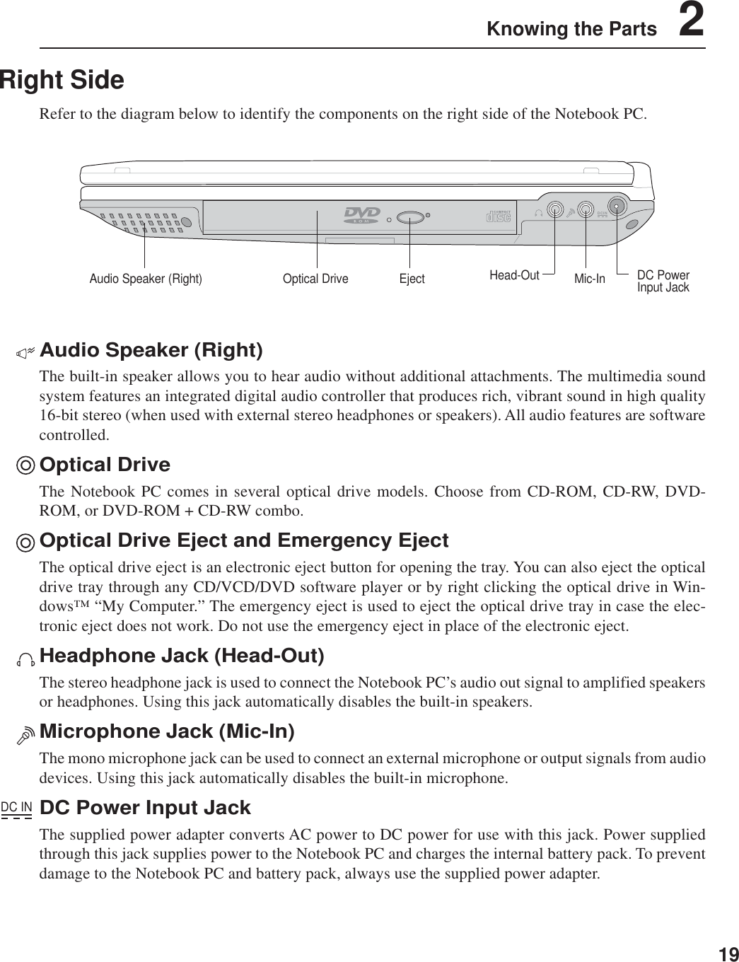 19Knowing the Parts    2Right SideRefer to the diagram below to identify the components on the right side of the Notebook PC.Audio Speaker (Right)The built-in speaker allows you to hear audio without additional attachments. The multimedia soundsystem features an integrated digital audio controller that produces rich, vibrant sound in high quality16-bit stereo (when used with external stereo headphones or speakers). All audio features are softwarecontrolled.Optical DriveThe Notebook PC comes in several optical drive models. Choose from CD-ROM, CD-RW, DVD-ROM, or DVD-ROM + CD-RW combo.Optical Drive Eject and Emergency EjectThe optical drive eject is an electronic eject button for opening the tray. You can also eject the opticaldrive tray through any CD/VCD/DVD software player or by right clicking the optical drive in Win-dows™ “My Computer.” The emergency eject is used to eject the optical drive tray in case the elec-tronic eject does not work. Do not use the emergency eject in place of the electronic eject.Headphone Jack (Head-Out)The stereo headphone jack is used to connect the Notebook PC’s audio out signal to amplified speakersor headphones. Using this jack automatically disables the built-in speakers.Microphone Jack (Mic-In)The mono microphone jack can be used to connect an external microphone or output signals from audiodevices. Using this jack automatically disables the built-in microphone.DC Power Input JackThe supplied power adapter converts AC power to DC power for use with this jack. Power suppliedthrough this jack supplies power to the Notebook PC and charges the internal battery pack. To preventdamage to the Notebook PC and battery pack, always use the supplied power adapter.DC INDCINOptical Drive DC PowerInput JackAudio Speaker (Right) Mic-InHead-OutEject