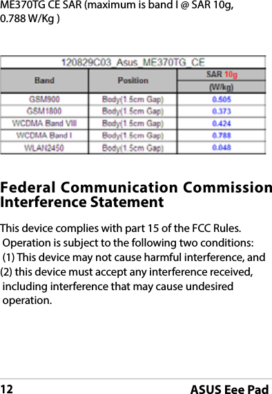 ASUS Eee Pad12ME370TG CE SAR (maximum is band I @ SAR 10g,0.788 W/Kg )Federal Communication Commission Interference StatementThis device complies with part 15 of the FCC Rules. Operation is subject to the following two conditions: (1) This device may not cause harmful interference, and (2) this device must accept any interference received, including interference that may cause undesired operation.