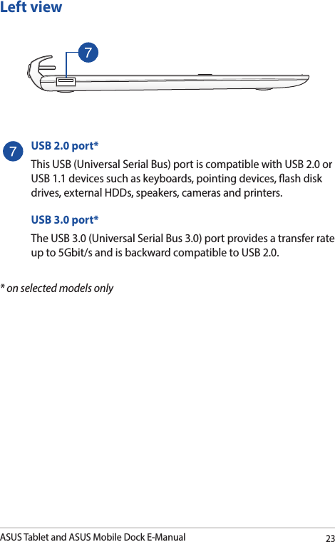ASUS Tablet and ASUS Mobile Dock E-Manual23USB 2.0 port*This USB (Universal Serial Bus) port is compatible with USB 2.0 or USB 1.1 devices such as keyboards, pointing devices, ash disk drives, external HDDs, speakers, cameras and printers.USB 3.0 port*The USB 3.0 (Universal Serial Bus 3.0) port provides a transfer rate up to 5Gbit/s and is backward compatible to USB 2.0.Left view* on selected models only