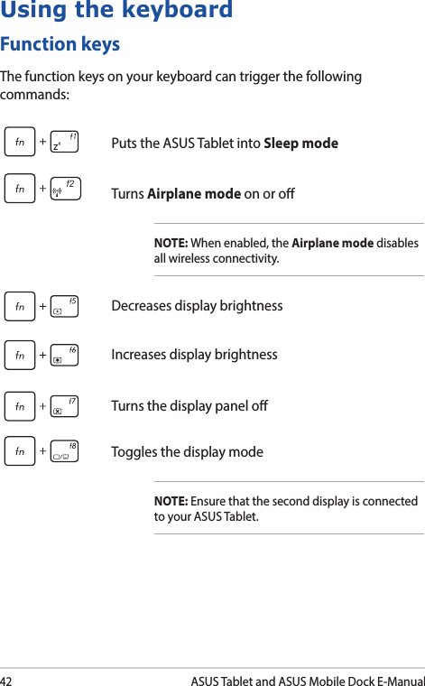 42ASUS Tablet and ASUS Mobile Dock E-ManualFunction keysThe function keys on your keyboard can trigger the following commands:Using the keyboardPuts the ASUS Tablet into Sleep modef2Turns Airplane mode on or oNOTE: When enabled, the Airplane mode disables all wireless connectivity.Decreases display brightnessIncreases display brightnessTurns the display panel oToggles the display modeNOTE: Ensure that the second display is connected to your ASUS Tablet.