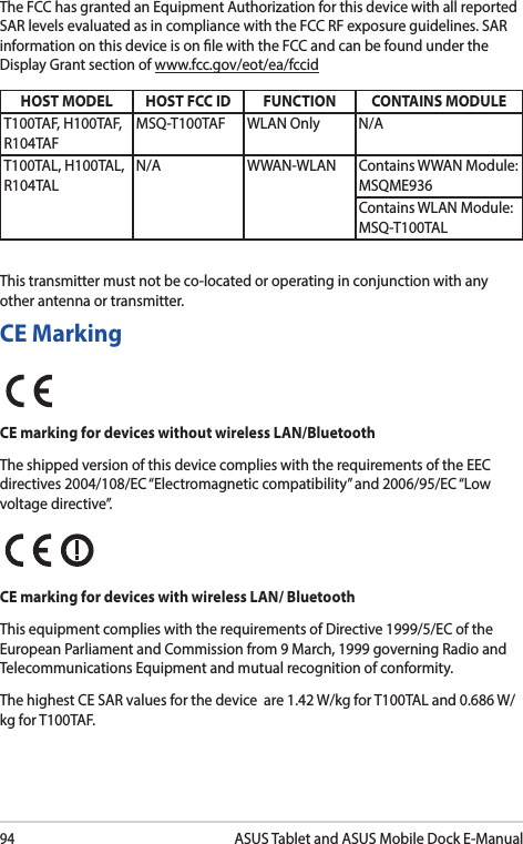 94ASUS Tablet and ASUS Mobile Dock E-ManualCE MarkingCE marking for devices without wireless LAN/BluetoothThe shipped version of this device complies with the requirements of the EEC directives 2004/108/EC “Electromagnetic compatibility” and 2006/95/EC “Low voltage directive”.CE marking for devices with wireless LAN/ BluetoothThis equipment complies with the requirements of Directive 1999/5/EC of the European Parliament and Commission from 9 March, 1999 governing Radio and Telecommunications Equipment and mutual recognition of conformity.The highest CE SAR values for the device  are 1.42 W/kg for T100TAL and 0.686 W/kg for T100TAF.The FCC has granted an Equipment Authorization for this device with all reported SAR levels evaluated as in compliance with the FCC RF exposure guidelines. SAR information on this device is on le with the FCC and can be found under the Display Grant section of www.fcc.gov/eot/ea/fccidHOST MODEL HOST FCC ID FUNCTION CONTAINS MODULET100TAF, H100TAF, R104TAFMSQ-T100TAF WLAN Only N/AT100TAL, H100TAL, R104TALN/A WWAN-WLAN Contains WWAN Module: MSQME936Contains WLAN Module: MSQ-T100TALThis transmitter must not be co-located or operating in conjunction with any other antenna or transmitter.