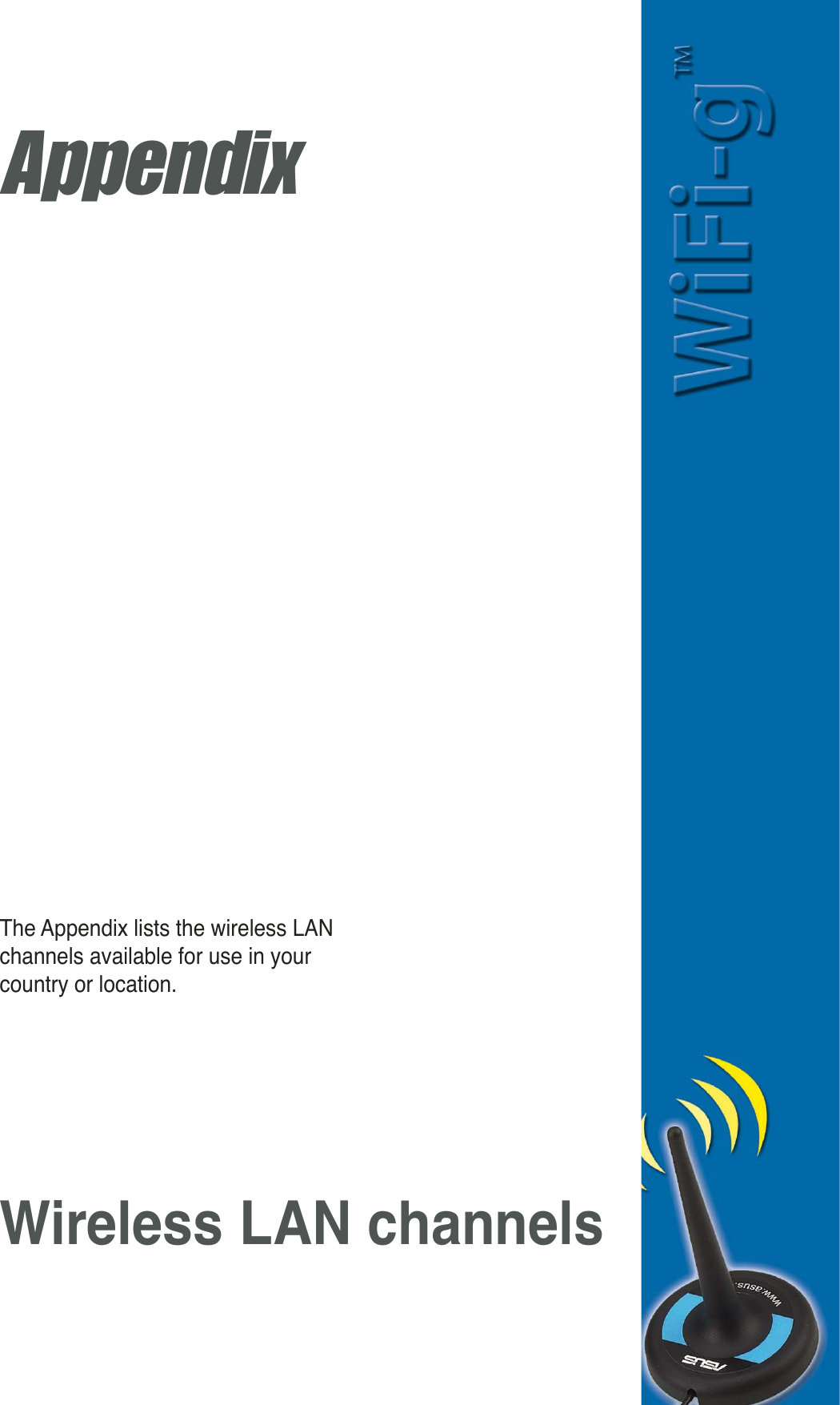 AppendixThe Appendix lists the wireless LANchannels available for use in yourcountry or location.Wireless LAN channels