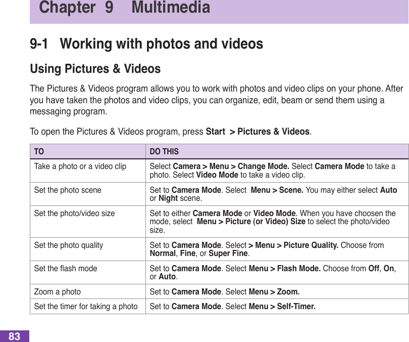 83Chapter  9  Multimedia9-1  Working with photos and videosUsing Pictures &amp; VideosThe Pictures &amp; Videos program allows you to work with photos and video clips on your phone. After youhavetakenthephotosandvideoclips,youcanorganize,edit,beamorsendthemusingamessaging program. To open the Pictures &amp; Videos program, press Start  &gt; Pictures &amp; Videos.TO DO THISTake a photo or a video clip Select Camera &gt; Menu &gt; Change Mode. Select Camera Mode to take a photo. Select Video Mode to take a video clip. Set the photo scene Set to Camera Mode. Select  Menu &gt; Scene. You may either select Auto or Night scene. Setthephoto/videosize Set to either Camera Mode or Video Mode. When you have choosen the mode, select  Menu &gt; Picture (or Video) Size to select the photo/video size.Set the photo quality Set to Camera Mode. Select &gt; Menu &gt; Picture Quality. Choose from Normal, Fine, or Super Fine. Settheashmode Set to Camera Mode. Select Menu &gt; Flash Mode. Choose from Off, On, or Auto. Zoom a photo Set to Camera Mode. Select Menu &gt; Zoom. Set the timer for taking a photo Set to Camera Mode. Select Menu &gt; Self-Timer. 