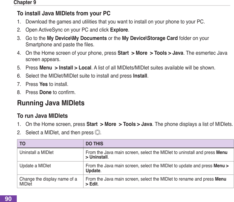 Chapter 990To install Java MIDlets from your PC1.  Download the games and utilities that you want to install on your phone to your PC.2.  Open ActiveSync on your PC and click Explore.3.  Go to the My Device\My Documents or the My Device\Storage Card folder on your Smartphoneandpastetheles.4.  On the Home screen of your phone, press Start  &gt; More  &gt; Tools &gt; Java. The esmertec Java screen appears.5.  Press Menu  &gt; Install &gt; Local. A list of all MIDlets/MIDlet suites available will be shown.6.  Select the MIDlet/MIDlet suite to install and press Install.7.  Press Yes to install.8.  Press Done toconrm.Running Java MIDletsTo run Java MIDlets1.  On the Home screen, press Start  &gt; More  &gt; Tools &gt; Java. The phone displays a list of MIDlets.2.  Select a MIDlet, and then press  .TO DO THISUninstall a MIDlet From the Java main screen, select the MIDlet to uninstall and press Menu &gt; Uninstall.Update a MIDlet From the Java main screen, select the MIDlet to update and press Menu &gt; Update.Change the display name of a MIDletFrom the Java main screen, select the MIDlet to rename and press Menu &gt; Edit.