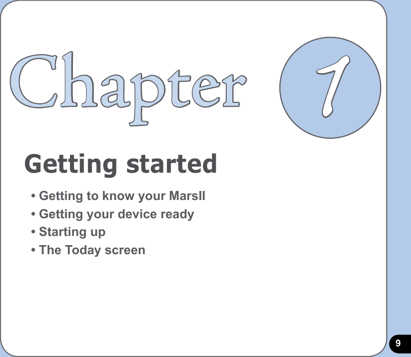 9Getting startedChapter• Getting to know your MarsII• Getting your device ready• Starting up• The Today screen1