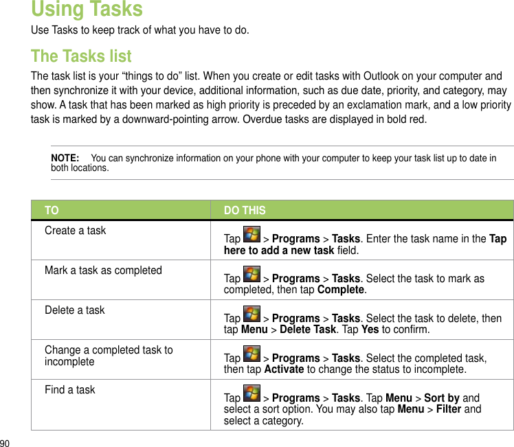 90Using TasksUse Tasks to keep track of what you have to do. The Tasks listThe task list is your “things to do” list. When you create or edit tasks with Outlook on your computer and then synchronize it with your device, additional information, such as due date, priority, and category, may show. A task that has been marked as high priority is preceded by an exclamation mark, and a low priority task is marked by a downward-pointing arrow. Overdue tasks are displayed in bold red.NOTE:   You can synchronize information on your phone with your computer to keep your task list up to date in both locations.TO DO THISCreate a task Tap   &gt; Programs &gt; Tasks. Enter the task name in the Tap here to add a new task eld.Mark a task as completed Tap   &gt; Programs &gt; Tasks. Select the task to mark as completed, then tap Complete.Delete a task Tap   &gt; Programs &gt; Tasks. Select the task to delete, then tap Menu &gt; Delete Task. Tap Yes to conrm.Change a completed task to incomplete Tap   &gt; Programs &gt; Tasks. Select the completed task, then tap Activate to change the status to incomplete.Find a task Tap   &gt; Programs &gt; Tasks. Tap Menu &gt; Sort by and select a sort option. You may also tap Menu &gt; Filter and select a category.