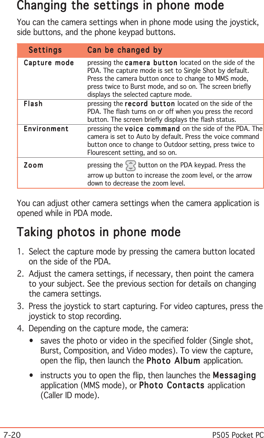 7-20P505 Pocket PCChanging the settings in phone modeChanging the settings in phone modeChanging the settings in phone modeChanging the settings in phone modeChanging the settings in phone modeYou can the camera settings when in phone mode using the joystick,side buttons, and the phone keypad buttons.SettingsSettingsSettingsSettingsSettings Can be changed byCan be changed byCan be changed byCan be changed byCan be changed byCapture modeCapture modeCapture modeCapture modeCapture mode pressing the camera button camera button camera button camera button c a mera   b u t t o n  located on the side of thePDA. The capture mode is set to Single Shot by default.Press the camera button once to change to MMS mode,press twice to Burst mode, and so on. The screen brieflydisplays the selected capture mode.FlashFlashFlashFlashFlash pressing the record button record button record button record button r e c o r d   b u t t o n  located on the side of thePDA. The flash turns on or off when you press the recordbutton. The screen briefly displays the flash status.EnvironmentEnvironmentEnvironmentEnvironmentEnvironment pressing the voice command voice command voice command voice command voice  command on the side of the PDA. Thecamera is set to Auto by default. Press the voice commandbutton once to change to Outdoor setting, press twice toFlourescent setting, and so on.ZoomZoomZoomZoomZoom pressing the   button on the PDA keypad. Press thearrow up button to increase the zoom level, or the arrowdown to decrease the zoom level.You can adjust other camera settings when the camera application isopened while in PDA mode.Taking photos in phone modeTaking photos in phone modeTaking photos in phone modeTaking photos in phone modeTaking photos in phone mode1. Select the capture mode by pressing the camera button locatedon the side of the PDA.2. Adjust the camera settings, if necessary, then point the camerato your subject. See the previous section for details on changingthe camera settings.3. Press the joystick to start capturing. For video captures, press thejoystick to stop recording.4. Depending on the capture mode, the camera:• saves the photo or video in the specified folder (Single shot,Burst, Composition, and Video modes). To view the capture,open the flip, then launch the Photo Album Photo Album Photo Album Photo Album Photo Album application.• instructs you to open the flip, then launches the MessagingMessagingMessagingMessagingMessagingapplication (MMS mode), or Photo Contacts Photo Contacts Photo Contacts Photo Contacts Photo Contacts application(Caller ID mode).