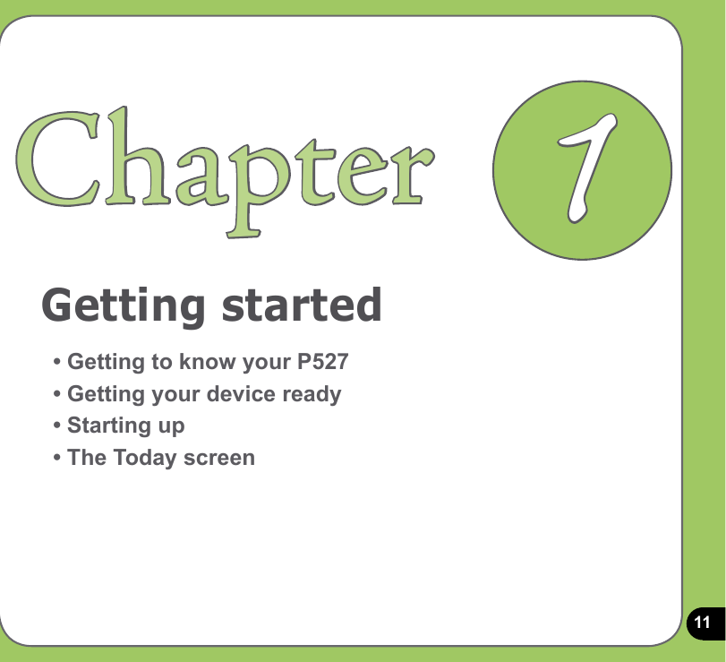 11Getting startedChapter• Getting to know your P527• Getting your device ready• Starting up• The Today screen1