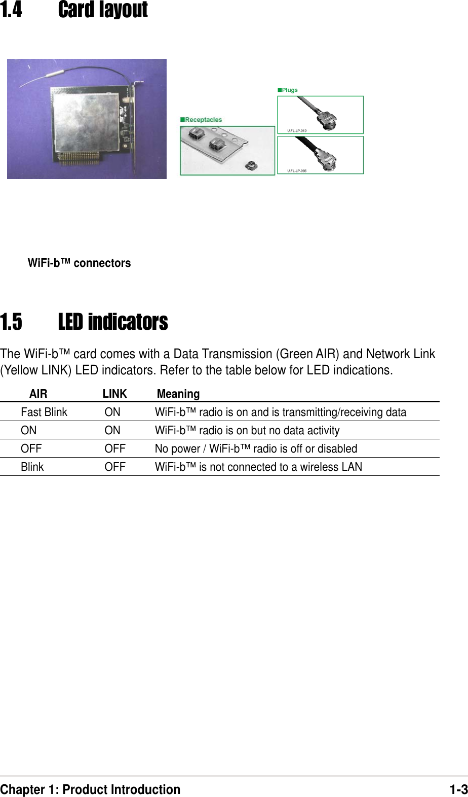 Chapter 1: Product Introduction1-31.4 Card layout1.5 LED indicatorsThe WiFi-b™ card comes with a Data Transmission (Green AIR) and Network Link(Yellow LINK) LED indicators. Refer to the table below for LED indications.AIR LINK MeaningFast Blink ON WiFi-b™ radio is on and is transmitting/receiving dataON ON WiFi-b™ radio is on but no data activityOFF OFF No power / WiFi-b™ radio is off or disabledBlink OFF WiFi-b™ is not connected to a wireless LANWiFi-b™ connectors