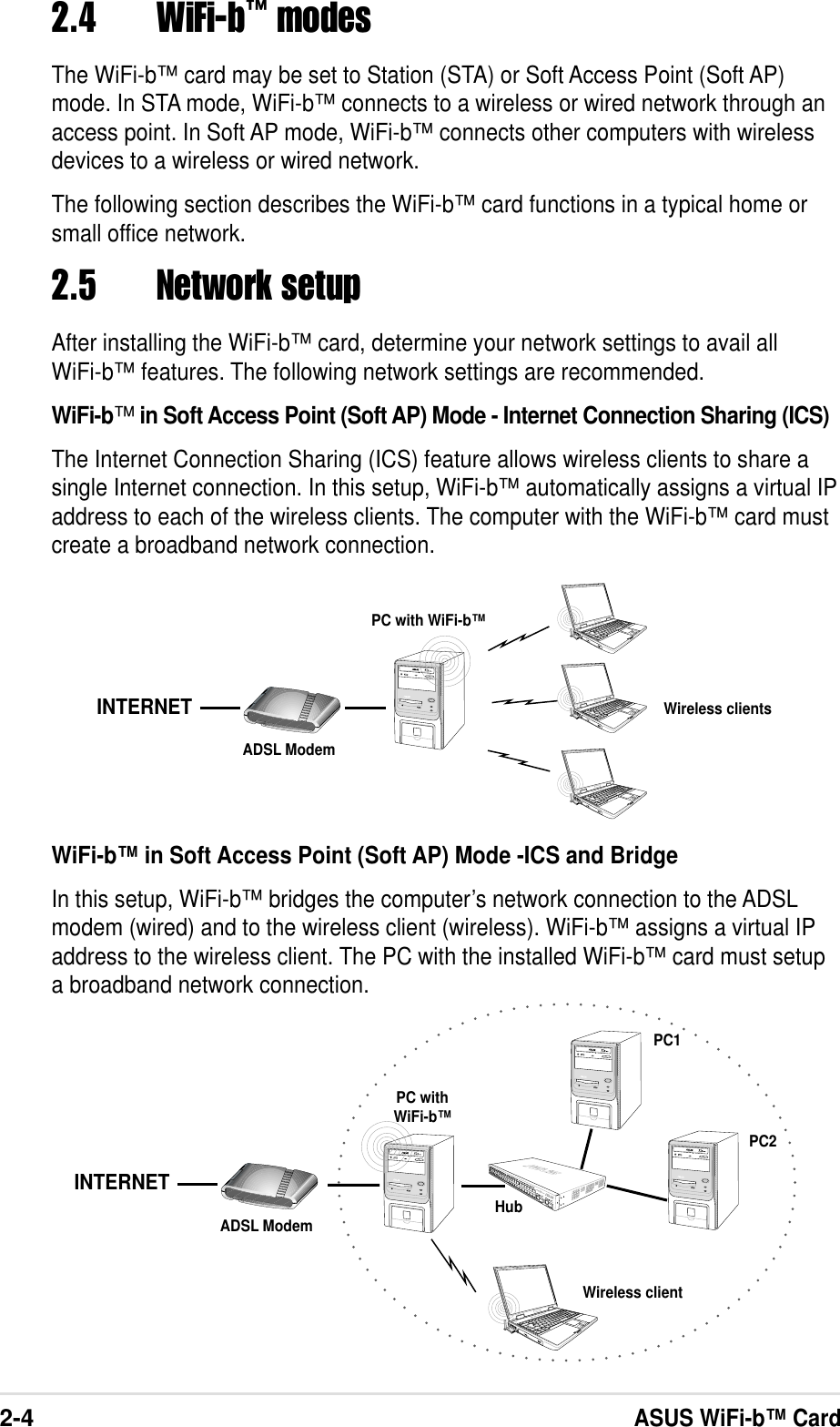 ASUS WiFi-b™ Card2-42.4 WiFi-b™ modesThe WiFi-b™ card may be set to Station (STA) or Soft Access Point (Soft AP)mode. In STA mode, WiFi-b™ connects to a wireless or wired network through anaccess point. In Soft AP mode, WiFi-b™ connects other computers with wirelessdevices to a wireless or wired network.The following section describes the WiFi-b™ card functions in a typical home orsmall office network.2.5 Network setupAfter installing the WiFi-b™ card, determine your network settings to avail allWiFi-b™ features. The following network settings are recommended.WiFi-b™ in Soft Access Point (Soft AP) Mode - Internet Connection Sharing (ICS)The Internet Connection Sharing (ICS) feature allows wireless clients to share asingle Internet connection. In this setup, WiFi-b™ automatically assigns a virtual IPaddress to each of the wireless clients. The computer with the WiFi-b™ card mustcreate a broadband network connection.ADSL ModemWireless clientsINTERNETPC with WiFi-b™WiFi-b™ in Soft Access Point (Soft AP) Mode -ICS and BridgeIn this setup, WiFi-b™ bridges the computer’s network connection to the ADSLmodem (wired) and to the wireless client (wireless). WiFi-b™ assigns a virtual IPaddress to the wireless client. The PC with the installed WiFi-b™ card must setupa broadband network connection.ADSL Modem HubPC1PC2Wireless clientINTERNETPC withWiFi-b™