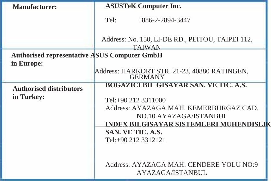  Manufacturer: ASUSTeK Computer Inc.Tel: +886-2-2894-3447                          Address: No. 150, LI-DE RD., PEITOU, TAIPEI 112,                                    TAIWAN Authorised representative ASUS Computer GmbH in Europe:                         Address: HARKORT STR. 21-23, 40880 RATINGEN, Authorised distributors in Turkey:        GERMANYBOGAZICI BIL GISAYAR SAN. VE TIC. A.S. Tel:+90 212 3311000Address: AYAZAGA MAH. KEMERBURGAZ CAD.          NO.10 AYAZAGA/ISTANBUL INDEX BILGISAYAR SISTEMLERI MUHENDISLIK SAN. VE TIC. A.S. Tel:+90 212 3312121Address: AYAZAGA MAH: CENDERE YOLU NO:9          AYAZAGA/ISTANBUL