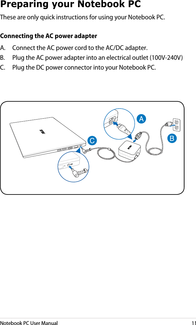 Notebook PC User Manual11Preparing your Notebook PCThese are only quick instructions for using your Notebook PC.Connecting the AC power adapterA.  Connect the AC power cord to the AC/DC adapter.B.  Plug the AC power adapter into an electrical outlet (100V-240V)C.  Plug the DC power connector into your Notebook PC.