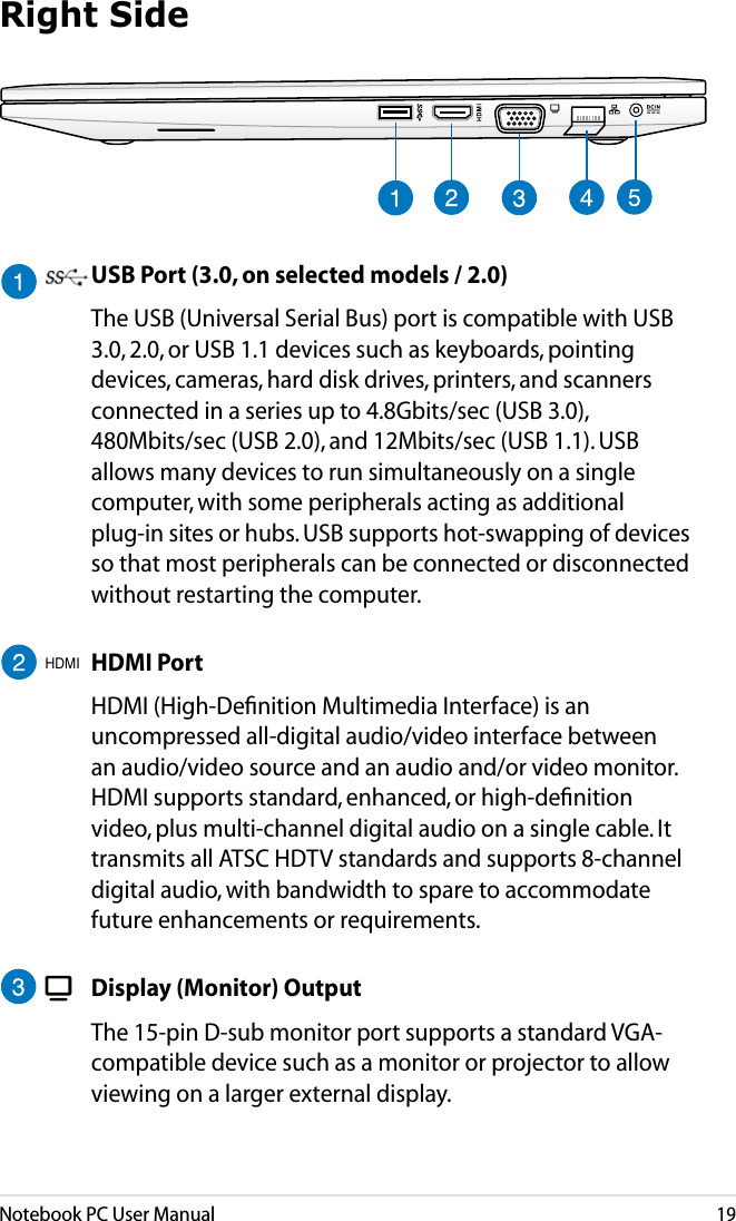 Notebook PC User Manual19Right Side USB Port (3.0, on selected models / 2.0)  The USB (Universal Serial Bus) port is compatible with USB 3.0, 2.0, or USB 1.1 devices such as keyboards, pointing devices, cameras, hard disk drives, printers, and scanners connected in a series up to 4.8Gbits/sec (USB 3.0), 480Mbits/sec (USB 2.0), and 12Mbits/sec (USB 1.1). USB allows many devices to run simultaneously on a single computer, with some peripherals acting as additional  plug-in sites or hubs. USB supports hot-swapping of devices so that most peripherals can be connected or disconnected without restarting the computer.HDMI  HDMI Port  HDMI (High-Deﬁnition Multimedia Interface) is an uncompressed all-digital audio/video interface between an audio/video source and an audio and/or video monitor. HDMI supports standard, enhanced, or high-deﬁnition video, plus multi-channel digital audio on a single cable. It transmits all ATSC HDTV standards and supports 8-channel digital audio, with bandwidth to spare to accommodate future enhancements or requirements.  Display (Monitor) Output  The 15-pin D-sub monitor port supports a standard VGA-compatible device such as a monitor or projector to allow viewing on a larger external display.