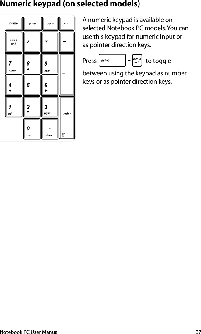 Notebook PC User Manual37Numeric keypad (on selected models)A numeric keypad is available on selected Notebook PC models. You can use this keypad for numeric input or as pointer direction keys. Press   to toggle between using the keypad as number keys or as pointer direction keys.