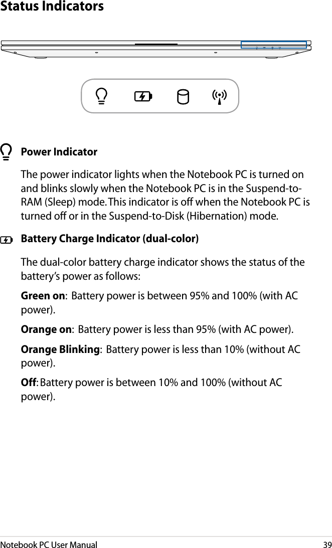 Notebook PC User Manual39Status Indicators  Power Indicator  The power indicator lights when the Notebook PC is turned on and blinks slowly when the Notebook PC is in the Suspend-to-RAM (Sleep) mode. This indicator is off when the Notebook PC is turned off or in the Suspend-to-Disk (Hibernation) mode.  Battery Charge Indicator (dual-color)  The dual-color battery charge indicator shows the status of the battery’s power as follows: Green on:  Battery power is between 95% and 100% (with AC power). Orange on:  Battery power is less than 95% (with AC power). Orange Blinking:  Battery power is less than 10% (without AC power). Off: Battery power is between 10% and 100% (without AC power).