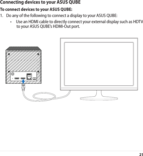 21Connecting devices to your ASUS QUBETo connect devices to your ASUS QUBE:1.   Do any of the following to connect a display to your ASUS QUBE:  •  Use an HDMI cable to directly connect your external display such as HDTV to your ASUS QUBE’s HDMI-Out port.