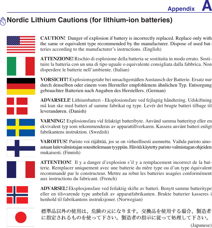 Appendix ANordic Lithium Cautions (for lithium-ion batteries)(Japanese)CAUTION!  &apos;DQJHURIH[SORVLRQLIEDWWHU\LVLQFRUUHFWO\UHSODFHG5HSODFHRQO\ZLWKWKHVDPHRUHTXLYDOHQWW\SHUHFRPPHQGHGE\WKHPDQXIDFWXUHU&apos;LVSRVHRIXVHGEDW-teries according to the manufacturer’s instructions. (English) ATTENZIONE! Rischio di esplosione della batteria se sostituita in modo errato. Sosti-tuire la batteria con un una di tipo uguale o equivalente consigliata dalla fabbrica. Non disperdere le batterie nell’ambiente. (Italian) VORSICHT! Explosionsgetahr bei unsachgemäßen Austausch der Batterie. Ersatz nur GXUFKGHQVHOEHQRGHUHLQHPYRP+HUVWHOOHUHPSIRKOHQHPlKQOLFKHQ7\S(QWVRUJXQJJHEUDXFKWHU%DWWHULHQQDFK$QJDEHQGHV+HUVWHOOHUV*HUPDQADVARSELI! Lithiumbatteri - Eksplosionsfare ved fejlagtig håndtering. Udskiftning må kun ske med batteri af samme fabrikat og type. Levér det brugte batteri tilbage til OHYHUDQG¡UHQ&apos;DQLVKVARNING! Explosionsfara vid felaktigt batteribyte. Använd samma batterityp eller en ekvivalent typ som rekommenderas av apparattillverkaren. Kassera använt batteri enligt fabrikantens instruktion. (Swedish) VAROITUS! Paristo voi räjähtää, jos se on virheellisesti asennettu. Vaihda paristo aino-DVWDDQODLWHYDOPLVWDMDQVRXVLWWHOHPDDQW\\SSLLQ+lYLWlNl\WHWW\SDULVWRYDOPLVWDJDQRKMHLGHQmukaisesti. (Finnish) ATTENTION!  Il y a danger d’explosion s’il y a remplacement incorrect de la bat-terie. Remplacer uniquement avec une batterie du mêre type ou d’un type équivalent recommandé par le constructeur. Mettre au rebut les batteries usagées conformément aux instructions du fabricant. (French) ADVARSEL! Eksplosjonsfare ved feilaktig skifte av batteri. Benytt samme batteritype eller en tilsvarende type anbefalt av apparatfabrikanten. Brukte batterier kasseres i henhold til fabrikantens instruksjoner. (Norwegian) 