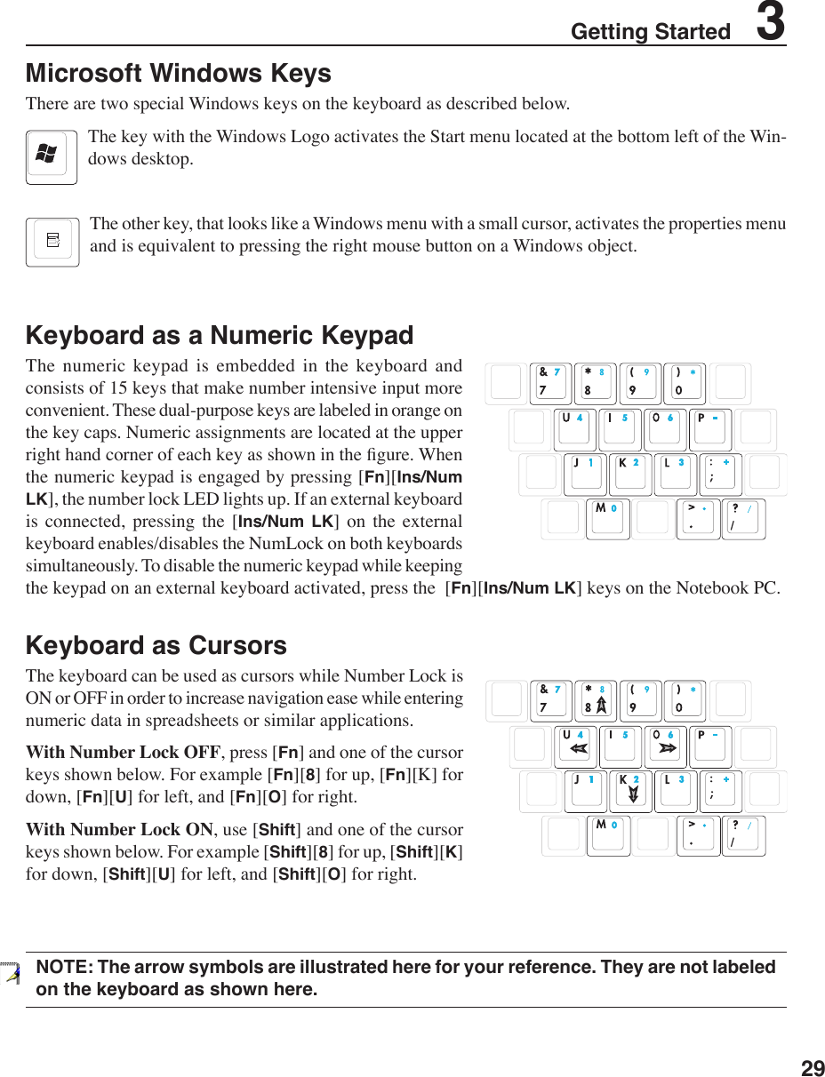 29Getting Started    3Microsoft Windows KeysThere are two special Windows keys on the keyboard as described below.The key with the Windows Logo activates the Start menu located at the bottom left of the Win-dows desktop.The other key, that looks like a Windows menu with a small cursor, activates the properties menu and is equivalent to pressing the right mouse button on a Windows object. Keyboard as a Numeric Keypad The  numeric  keypad  is  embedded  in  the  keyboard  and consists of 15 keys that make number intensive input more convenient. These dual-purpose keys are labeled in orange on the key caps. Numeric assignments are located at the upper right hand corner of each key as shown in the gure. When the numeric keypad is engaged by pressing [Fn][Ins/Num LK], the number lock LED lights up. If an external keyboard is  connected,  pressing  the  [Ins/Num  LK]  on  the  external keyboard enables/disables the NumLock on both keyboards simultaneously. To disable the numeric keypad while keeping the keypad on an external keyboard activated, press the  [Fn][Ins/Num LK] keys on the Notebook PC.Keyboard as CursorsThe keyboard can be used as cursors while Number Lock is ON or OFF in order to increase navigation ease while entering numeric data in spreadsheets or similar applications.With Number Lock OFF, press [Fn] and one of the cursor keys shown below. For example [Fn][8] for up, [Fn][K] for down, [Fn][U] for left, and [Fn][O] for right. With Number Lock ON, use [Shift] and one of the cursor keys shown below. For example [Shift][8] for up, [Shift][K] for down, [Shift][U] for left, and [Shift][O] for right.NOTE: The arrow symbols are illustrated here for your reference. They are not labeled on the keyboard as shown here.