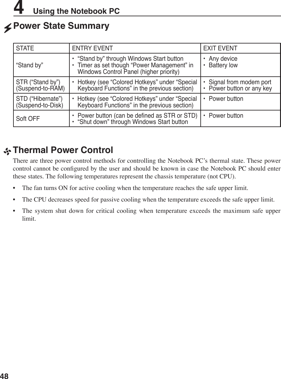484    Using the Notebook PCThermal Power ControlThere are three power control methods for controlling the Notebook PC’s thermal state. These power control cannot be congured by the user and should be known in case the Notebook PC should enter these states. The following temperatures represent the chassis temperature (not CPU).•  The fan turns ON for active cooling when the temperature reaches the safe upper limit.•  The CPU decreases speed for passive cooling when the temperature exceeds the safe upper limit.•  The system  shut  down  for  critical  cooling  when  temperature  exceeds  the  maximum  safe  upper limit.Power State SummarySTATE ENTRY EVENT EXIT EVENT“Stand by”•   “Stand by” through Windows Start button•   Timer as set though “Power Management” in Windows Control Panel (higher priority)•   Any device•   Battery lowSTR (“Stand by”)(Suspend-to-RAM)•  Hotkey (see “Colored Hotkeys” under “Special Keyboard Functions” in the previous section)•   Signal from modem port•   Power button or any keySTD (“Hibernate”)(Suspend-to-Disk)•  Hotkey (see “Colored Hotkeys” under “Special Keyboard Functions” in the previous section)•   Power buttonSoft OFF •   Power button (can be dened as STR or STD)•   “Shut down” through Windows Start button•   Power button