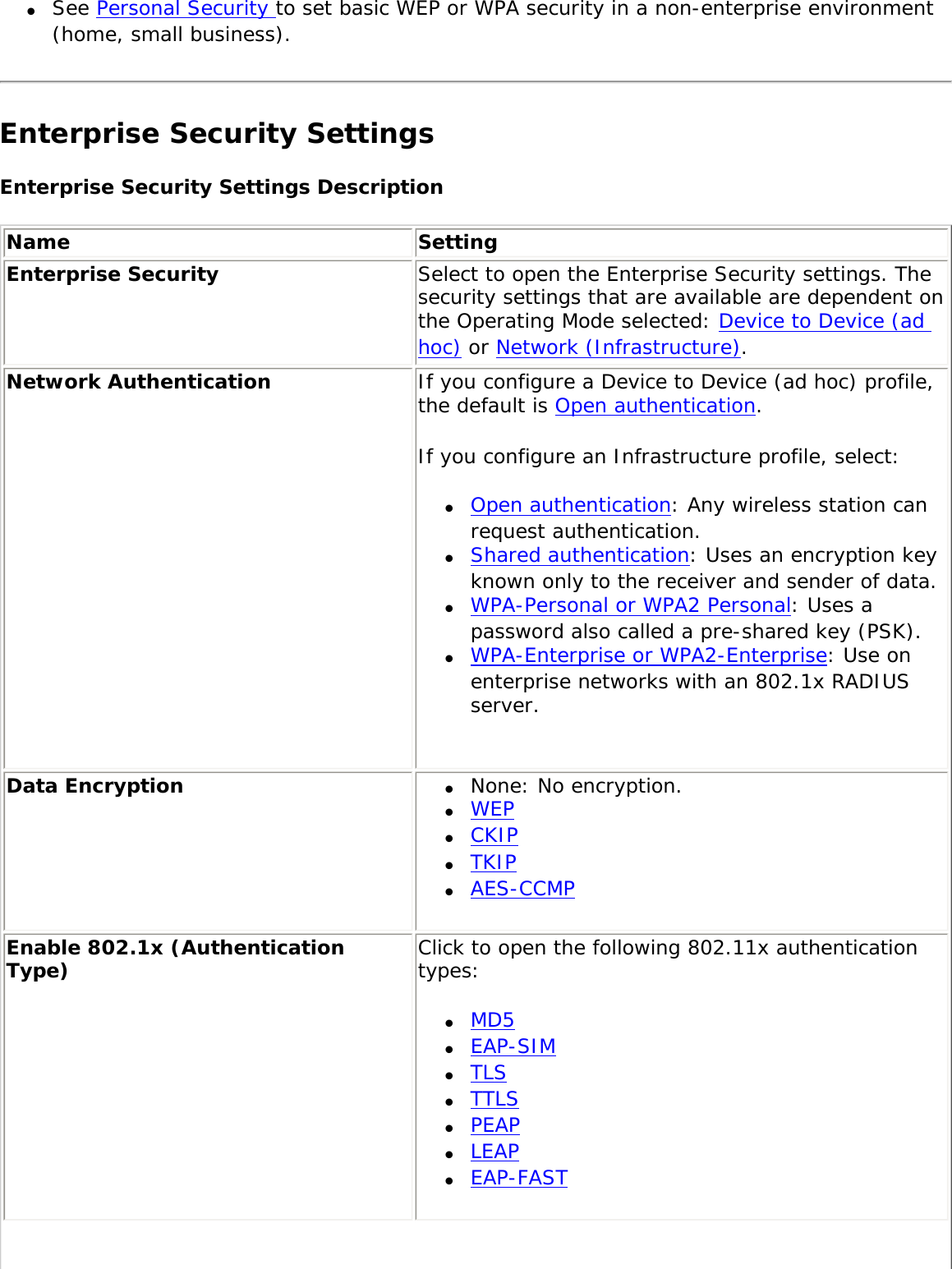 ●     See Personal Security to set basic WEP or WPA security in a non-enterprise environment (home, small business). Enterprise Security Settings Enterprise Security Settings Description Name SettingEnterprise Security  Select to open the Enterprise Security settings. The security settings that are available are dependent on the Operating Mode selected: Device to Device (ad hoc) or Network (Infrastructure). Network Authentication If you configure a Device to Device (ad hoc) profile, the default is Open authentication. If you configure an Infrastructure profile, select: ●     Open authentication: Any wireless station can request authentication.●     Shared authentication: Uses an encryption key known only to the receiver and sender of data.●     WPA-Personal or WPA2 Personal: Uses a password also called a pre-shared key (PSK).●     WPA-Enterprise or WPA2-Enterprise: Use on enterprise networks with an 802.1x RADIUS server.Data Encryption ●     None: No encryption. ●     WEP●     CKIP●     TKIP●     AES-CCMPEnable 802.1x (Authentication Type) Click to open the following 802.11x authentication types: ●     MD5●     EAP-SIM●     TLS ●     TTLS●     PEAP●     LEAP●     EAP-FAST