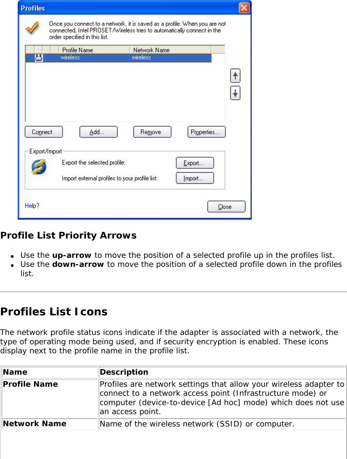  Profile List Priority Arrows●     Use the up-arrow to move the position of a selected profile up in the profiles list.●     Use the down-arrow to move the position of a selected profile down in the profiles list.Profiles List Icons The network profile status icons indicate if the adapter is associated with a network, the type of operating mode being used, and if security encryption is enabled. These icons display next to the profile name in the profile list. Name DescriptionProfile Name Profiles are network settings that allow your wireless adapter to connect to a network access point (Infrastructure mode) or computer (device-to-device [Ad hoc] mode) which does not use an access point. Network Name Name of the wireless network (SSID) or computer.