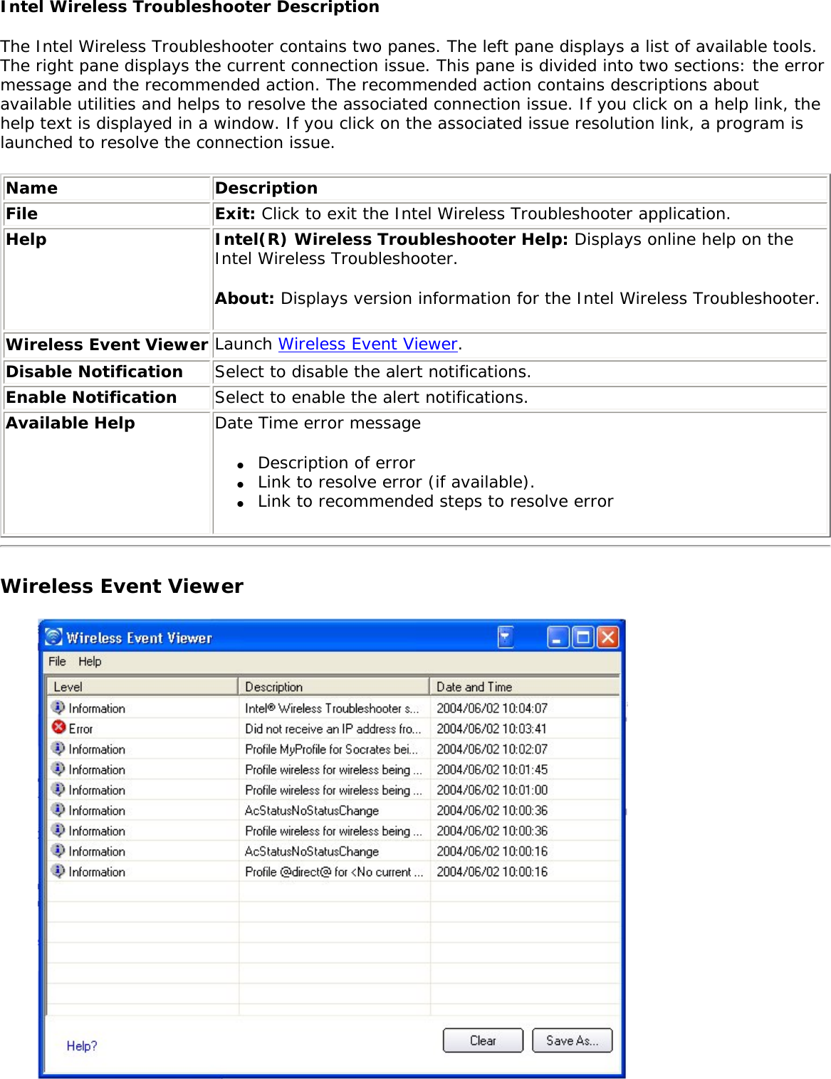 Intel Wireless Troubleshooter DescriptionThe Intel Wireless Troubleshooter contains two panes. The left pane displays a list of available tools. The right pane displays the current connection issue. This pane is divided into two sections: the error message and the recommended action. The recommended action contains descriptions about available utilities and helps to resolve the associated connection issue. If you click on a help link, the help text is displayed in a window. If you click on the associated issue resolution link, a program is launched to resolve the connection issue. Name DescriptionFile Exit: Click to exit the Intel Wireless Troubleshooter application.Help Intel(R) Wireless Troubleshooter Help: Displays online help on the Intel Wireless Troubleshooter.About: Displays version information for the Intel Wireless Troubleshooter.  Wireless Event Viewer Launch Wireless Event Viewer.Disable Notification Select to disable the alert notifications.  Enable Notification Select to enable the alert notifications.Available Help Date Time error message ●     Description of error ●     Link to resolve error (if available). ●     Link to recommended steps to resolve error Wireless Event Viewer 