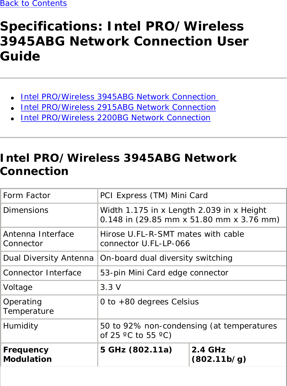 Back to Contents Specifications: Intel PRO/Wireless 3945ABG Network Connection User Guide●     Intel PRO/Wireless 3945ABG Network Connection ●     Intel PRO/Wireless 2915ABG Network Connection●     Intel PRO/Wireless 2200BG Network ConnectionIntel PRO/Wireless 3945ABG Network ConnectionForm Factor PCI Express (TM) Mini Card Dimensions Width 1.175 in x Length 2.039 in x Height 0.148 in (29.85 mm x 51.80 mm x 3.76 mm) Antenna Interface Connector Hirose U.FL-R-SMT mates with cable connector U.FL-LP-066 Dual Diversity Antenna On-board dual diversity switching Connector Interface 53-pin Mini Card edge connector Voltage 3.3 V Operating Temperature 0 to +80 degrees Celsius Humidity 50 to 92% non-condensing (at temperatures of 25 ºC to 55 ºC) Frequency Modulation 5 GHz (802.11a) 2.4 GHz (802.11b/g) 