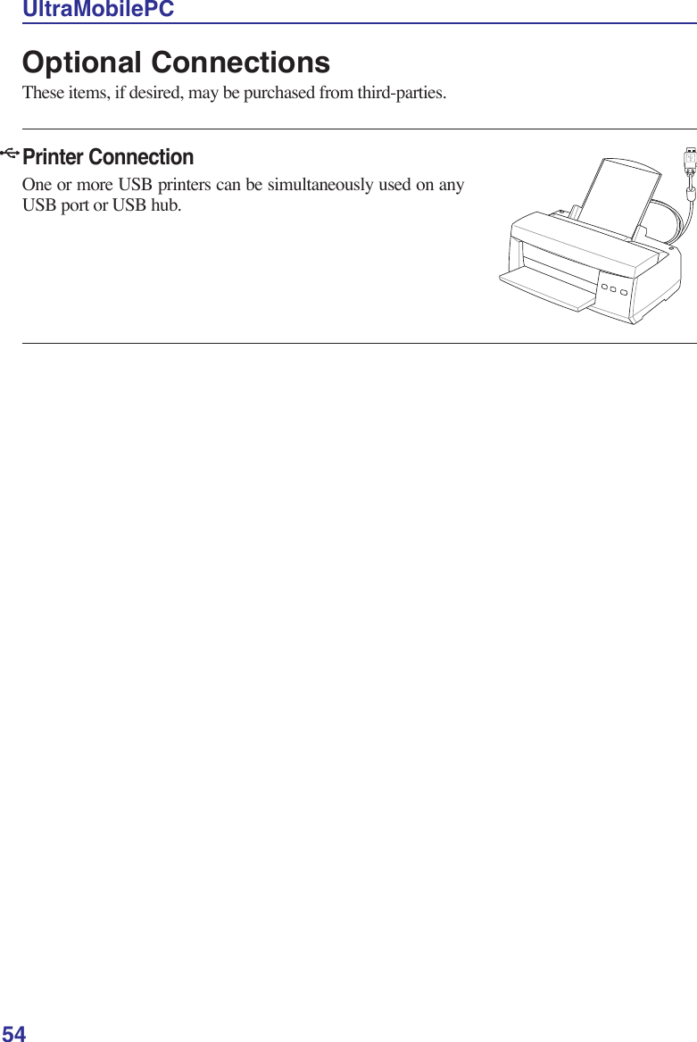 54UltraMobilePCOptional ConnectionsThese items, if desired, may be purchased from third-parties.Printer Connection One or more USB printers can be simultaneously used on any USB port or USB hub.