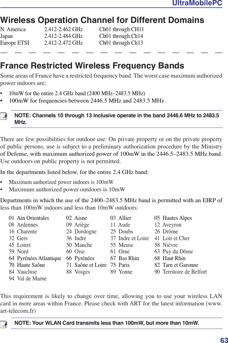 UltraMobilePC63France Restricted Wireless Frequency BandsSome areas of France have a restricted frequency band. The worst case maximum authorized power indoors are:  P:IRUWKHHQWLUH*+]EDQG0+]²0+] P:IRUIUHTXHQFLHVEHWZHHQ0+]DQG0+]Wireless Operation Channel for Different Domains1$PHULFD  *+]  &amp;KWKURXJK&amp;+-DSDQ   *+]  &amp;KWKURXJK&amp;K(XURSH(76,  *+]  &amp;KWKURXJK&amp;KNOTE: Your WLAN Card transmits less than 100mW, but more than 10mW.There are few possibilities for outdoor use: On private property or on the private property of public persons, use is subject to a preliminary authorization procedure by the Ministry RI&apos;HIHQVHZLWKPD[LPXPDXWKRUL]HGSRZHURIP:LQWKH²0+]EDQGUse outdoors on public property is not permitted. ,QWKHGHSDUWPHQWVOLVWHGEHORZIRUWKHHQWLUH*+]EDQG• Maximum authorized power indoors is 100mW • Maximum authorized power outdoors is 10mW &apos;HSDUWPHQWVLQZKLFKWKHXVHRIWKH²0+]EDQGLVSHUPLWWHGZLWKDQ(,53RIless than 100mW indoors and less than 10mW outdoors: $LQ2ULHQWDOHV  $LVQH  $OOLHU  +DXWHV$OSHV08  Ardennes      09  Ariège    11  Aude      12  Aveyron   16  Charente      24  Dordogne    25  Doubs    26  Drôme   32  Gers        36  Indre      37  Indre et Loire 41  Loir et Cher45  Loiret        50  Manche    55  Meuse    58  Nièvre59  Nord        60  Oise      61  Orne      63  Puy du Dôme 3\UpQpHV$WODQWLTXH 3\UpQpHV  %DV5KLQ  +DXW5KLQ +DXWH6D{QH  6D{QHHW/RLUH 3DULV   7DUQHW*DURQQH84  Vaucluse      88  Vosges    89  Yonne    90  Territoire de Belfort94  Val de Marne      This requirement is likely to change over time, allowing you to use your wireless LAN card in more areas within France. Please check with ART for the latest information (www.art-telecom.fr)NOTE: Channels 10 through 13 inclusive operate in the band 2446.6 MHz to 2483.5 MHz.