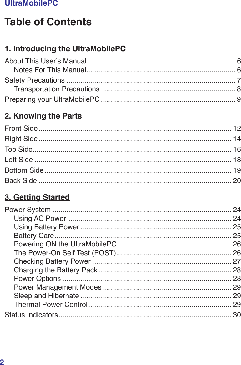2UltraMobilePCTable of Contents1. Introducing the UltraMobilePCAbout This User’s Manual .......................................................................... 6Notes For This Manual........................................................................... 6Safety Precautions ..................................................................................... 7Transportation Precautions  .................................................................. 8Preparing your UltraMobilePC.................................................................... 92. Knowing the PartsFront Side................................................................................................. 12Right Side................................................................................................. 14Top Side.................................................................................................... 16Left Side ................................................................................................... 18Bottom Side.............................................................................................. 19Back Side ................................................................................................. 203. Getting StartedPower System .......................................................................................... 24Using AC Power .................................................................................. 24Using Battery Power ............................................................................ 25Battery Care......................................................................................... 25Powering ON the UltraMobilePC ......................................................... 26The Power-On Self Test (POST).......................................................... 26Checking Battery Power ...................................................................... 27Charging the Battery Pack................................................................... 28Power Options ..................................................................................... 28Power Management Modes................................................................. 29Sleep and Hibernate ............................................................................ 29Thermal Power Control........................................................................ 29Status Indicators....................................................................................... 30Table of Contents