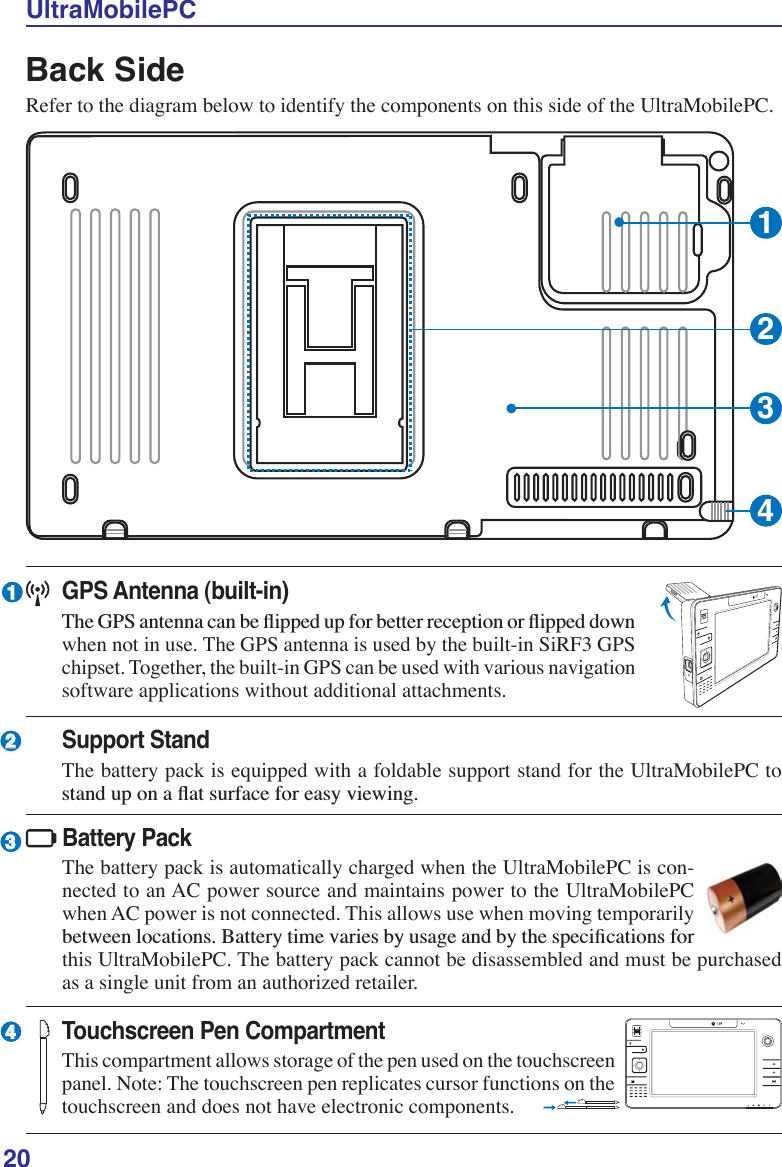 20UltraMobilePCBack SideRefer to the diagram below to identify the components on this side of the UltraMobilePC.1243231GPS Antenna (built-in)7KH*36DQWHQQDFDQEHÁLSSHGXSIRUEHWWHUUHFHSWLRQRUÁLSSHGGRZQwhen not in use. The GPS antenna is used by the built-in SiRF3 GPS chipset. Together, the built-in GPS can be used with various navigation software applications without additional attachments.1.3MPIXELSTouchscreen Pen CompartmentThis compartment allows storage of the pen used on the touchscreen panel. Note: The touchscreen pen replicates cursor functions on the touchscreen and does not have electronic components.1.3MPIXELSBattery PackThe battery pack is automatically charged when the UltraMobilePC is con-nected to an AC power source and maintains power to the UltraMobilePC when AC power is not connected. This allows use when moving temporarily EHWZHHQORFDWLRQV%DWWHU\WLPHYDULHVE\XVDJHDQGE\WKHVSHFLÀFDWLRQVIRUthis UltraMobilePC. The battery pack cannot be disassembled and must be purchased as a single unit from an authorized retailer.Support StandThe battery pack is equipped with a foldable support stand for the UltraMobilePC to VWDQGXSRQDÁDWVXUIDFHIRUHDV\YLHZLQJ4