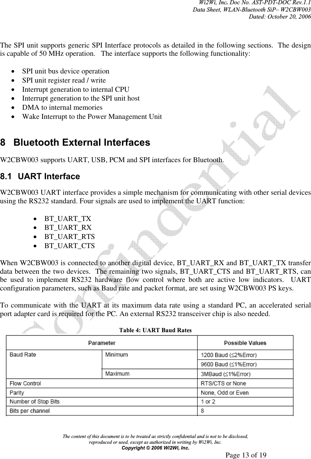 Wi2Wi, Inc.Doc No. AST-PDT-DOC Rev.1.1  Data Sheet, WLAN-Bluetooth SiP– W2CBW003 Dated: October 20, 2006 The content of this document is to be treated as strictly confidential and is not to be disclosed,  reproduced or used, except as authorized in writing by Wi2Wi, Inc.  Copyright © 2006 Wi2Wi, Inc.     Page 13 of 19   The SPI unit supports generic SPI Interface protocols as detailed in the following sections.  The design is capable of 50 MHz operation.   The interface supports the following functionality: xSPI unit bus device operation xSPI unit register read / write xInterrupt generation to internal CPU xInterrupt generation to the SPI unit host xDMA to internal memories xWake Interrupt to the Power Management Unit 8  Bluetooth External Interfaces W2CBW003 supports UART, USB, PCM and SPI interfaces for Bluetooth. 8.1 UART Interface W2CBW003 UART interface provides a simple mechanism for communicating with other serial devices using the RS232 standard. Four signals are used to implement the UART function: xBT_UART_TX xBT_UART_RX xBT_UART_RTS xBT_UART_CTS When W2CBW003 is connected to another digital device, BT_UART_RX and BT_UART_TX transfer data between the two devices.  The remaining two signals, BT_UART_CTS and BT_UART_RTS, can be used to implement RS232 hardware flow control where both are active low indicators.  UART configuration parameters, such as Baud rate and packet format, are set using W2CBW003 PS keys. To communicate with the UART at its maximum data rate using a standard PC, an accelerated serial port adapter card is required for the PC. An external RS232 transceiver chip is also needed. Table 4: UART Baud Rates 
